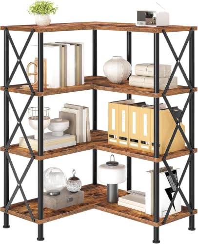 4 Tier L-Shaped Corner Bookshelf Rustic Brown Particleboard Matte Black Metal Frame Freestanding Open Display Storage Rack 23.6 x 23.6 x 45.5 Inch for Living Room Home Office