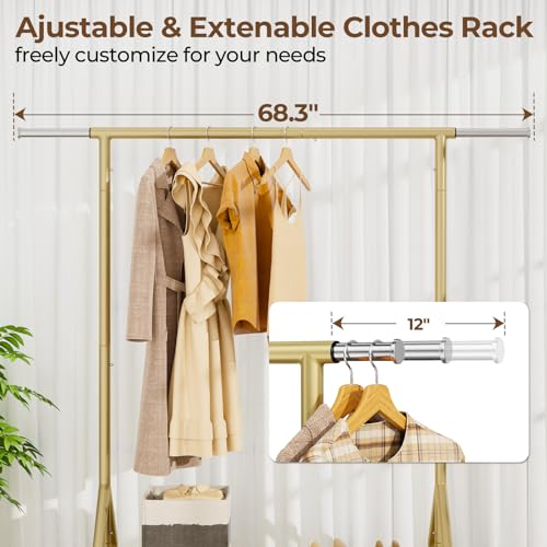 HYSEYY Heavy Duty Clothes Rack Load 450 LBS, Metal Garment Rack, Standing Rolling Clothing Rack for Hanging Clothes with Sturdy Wheels & Shelves, Portable Closet Wardrobe Rack,Gold - color: Gold