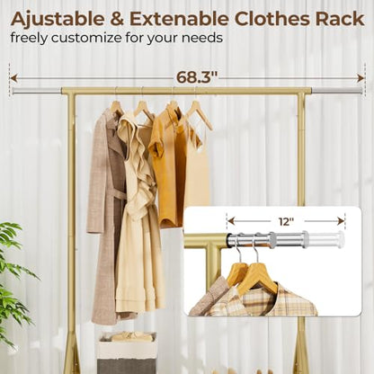 HYSEYY Heavy Duty Clothes Rack Load 450 LBS, Metal Garment Rack, Standing Rolling Clothing Rack for Hanging Clothes with Sturdy Wheels & Shelves, Portable Closet Wardrobe Rack,Gold - color: Gold