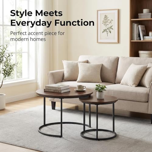 Round Nesting Coffee Table Set of 2, Stacking Minimalist End Table | Modern Marble Pattern Wooden Nesting Tables for Living Room Bedroom Small Space, Black Leg+Brown top - color: Black Leg+brown Top