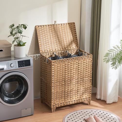 Laundry Hamper with Lid, 190L Large Laundry Basket 3 Section with 6 Removable Liner Bags & 3 Mesh Laundry Bags, Handwoven Rattan Clothes Hamper with Heightened Feet, No Install Needed, Natural - color: Natural