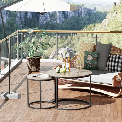 aboxoo Coffee Table Nesting Side Round Table Set of 2 End Table with Sturdy Metal Frame for Living Room Bedroom Apartment Modern Industrial Simple Nightstand,Oak - color: Oak