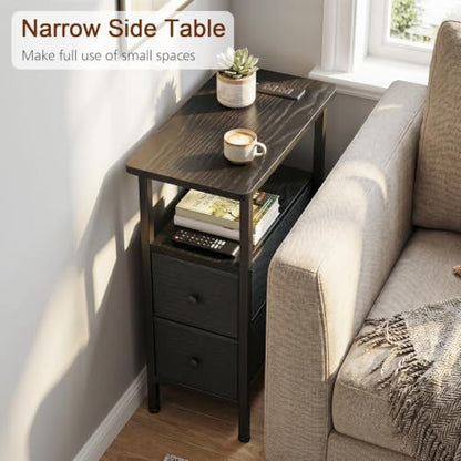 Narrow End Table with Charging Station, Small Nightstand | Skinny Side Tables Living Room with 2 Fabric Drawers, Slim Bedside Table for Bedroom, Small Spaces, Couch, Black - color: Black, size: 23.22''H (2 Drawers), style: Power