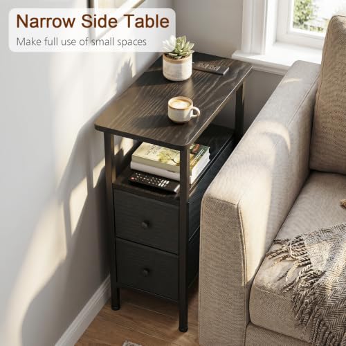 Narrow End Table with Charging Station, Small Nightstand | Skinny Side Tables Living Room with 2 Fabric Drawers, Slim Bedside Table for Bedroom, Small Spaces, Couch, Black - color: Black, size: 23.22''H (2 Drawers), style: Power