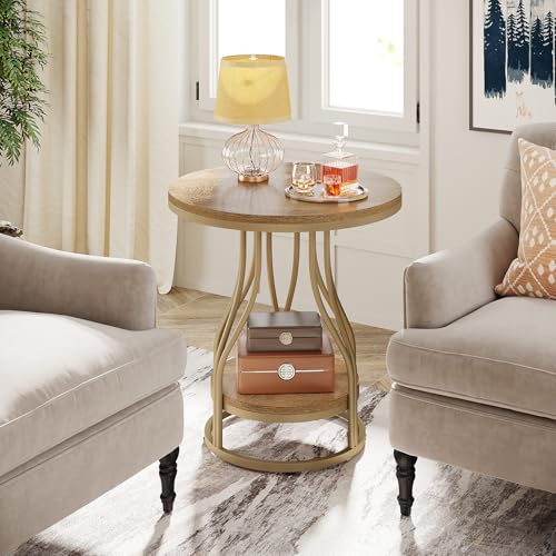 Tribesigns Round Side End Table 2-Tier End Tables Modern Bedside Table Small Chirside Tables with Storage for Couch Side, Nightstand with Metal Frame for Living Room (1, Light Brown) - color: Light Brown