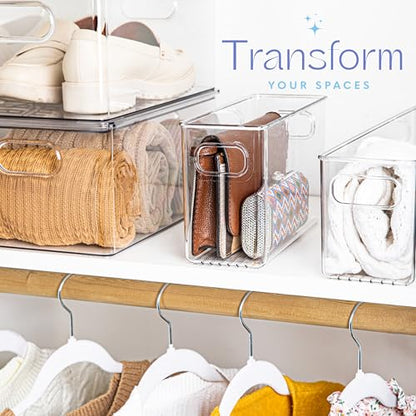 Plastic Food Storage 4 Pack Clear Container Bin with Handles for Organizing Kitchen, Pantry, Refrigerator, Freezer, Pantry, Cabinet, Closet, Bathroom. 10”x4”x6” - size: 10x4x6
