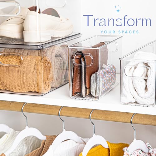 Plastic Food Storage 4 Pack Clear Container Bin with Handles for Organizing Kitchen, Pantry, Refrigerator, Freezer, Pantry, Cabinet, Closet, Bathroom. 10”x4”x6” - size: 10x4x6