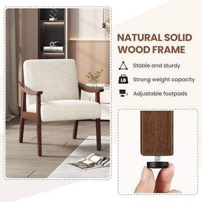 Yaheetech Corduroy Accent Chair, Mid-Century Modern Armchair with Solid Wood Legs, Reading Leisure Chair with High Back for Living Room Bedroom Waiting Room Beige | Corduroy Chair with Solid Wood Legs, Cozy Reading Leisure Chair for Living Room, Bedroom,
