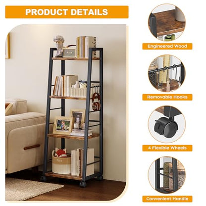 Homeiju 4 Tier Kitchen Storage Cart with Lockable Wheels & 6 Hooks, Mobile Utility Organizer Rolling Cart for Small Spaces, Bar Cart for Kitchen and Living Room, Rustic Brown