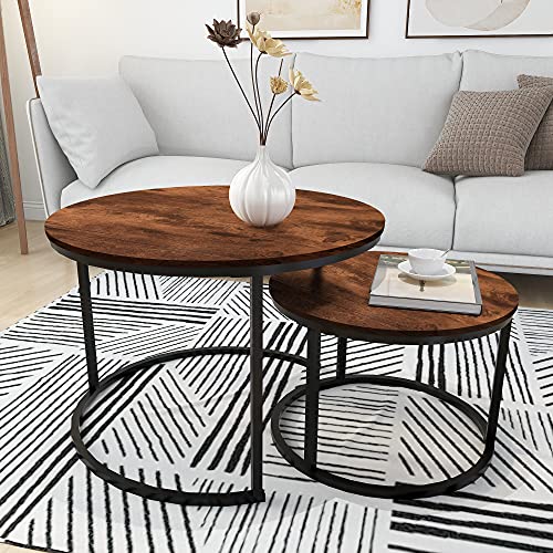 HOMERECOMMEND Round Coffee Table Set of 2 for Living Room,Rustic Brown | Modern Nesting Side End Table,Round Wooden Table with Solid Powder-Coated Metal Frame,round nesting coffee table set of 2 - color: Brown