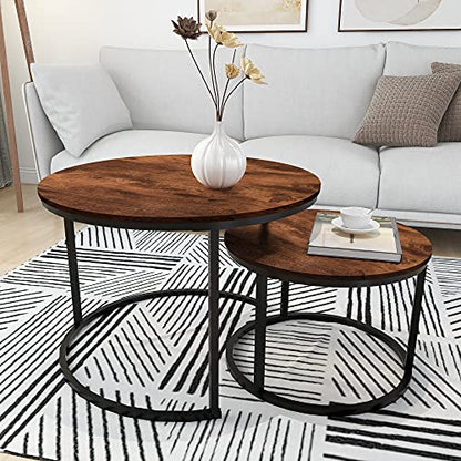 HOMERECOMMEND Round Coffee Table Set of 2 for Living Room,Rustic Brown | Modern Nesting Side End Table,Round Wooden Table with Solid Powder-Coated Metal Frame,round nesting coffee table set of 2 - color: Brown