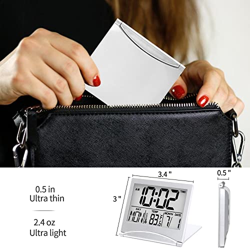 Betus Digital Travel Alarm Clock - Foldable Calendar Temperature Timer LCD Clock with Snooze Mode - Large Number Display, Battery Operated - Compact Desk Clock(Silver, No Backlight) - color: Silver