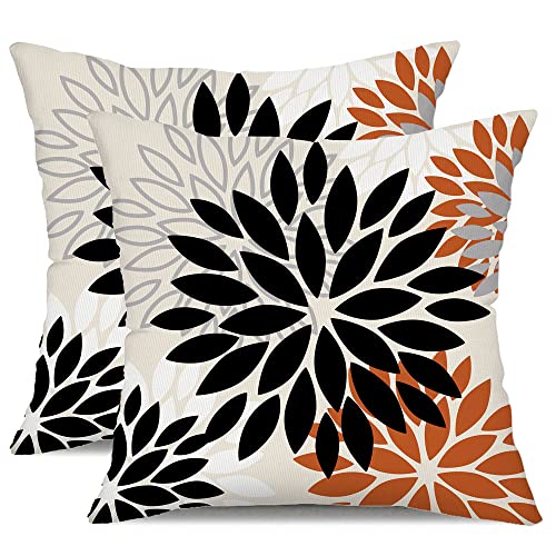 DFXSZ Outdoor Waterproof Pillow Covers 18x18 Set of 2 Black Orange Flower | Spring Summer Waterproof Flower Throw Pillowcases（No Inserts）Outdoor Decor for Fall Patio Funiture Garden Polyester Covers - color: Black Orange, size: 18" x 18" (Pack of 2)