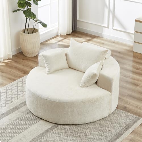 55" Oversized Round Chaise Longue Chair Indoor, Upholstered Chenille Circle Single Cloud Reading Sofa Chair Deep Seat Modern Boneless Sleeper Couch No Assembly Required, Beige - color: Beige, style: 55"Chenille
