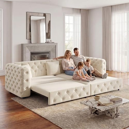 89" 4-Seater Queen Size Pull Out Sofa Bed with 3 Pillows, Beige | 4-Seater Classic Velvet Sofa with Tufted Design,3 Pillows,89" Extra Large 3-in-1 Pull Out Sofa - color: Q-beige-0w3