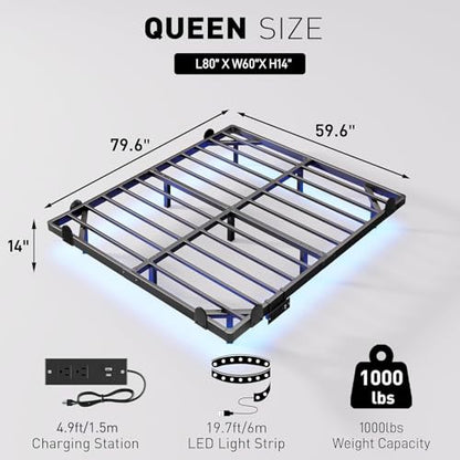 qimamo Floating Queen Bed Frame, 14 Inch Metal Platform Bed with Smart LED Lights & Charging Station, Easy Assembly, No Box Spring Needed - size: Queen (U.S. Standard), style: Floating Look 14"