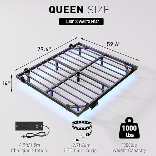 qimamo Floating Queen Bed Frame, 14 Inch Metal Platform Bed with Smart LED Lights & Charging Station, Easy Assembly, No Box Spring Needed - size: Queen (U.S. Standard), style: Floating Look 14"