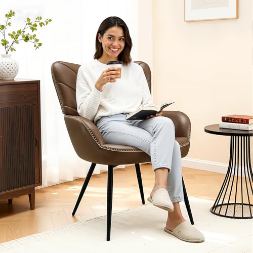 MALOL Modern Mid-Century Faux Leather Accent Chair, Upholstered Armchair with Curved Backrest, Sturdy Metal Base, Living Room, Bedroom & Reading Nook,Brown - color: Brown, size: set of 2