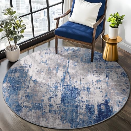RELEANY Washable Round 4ft Area Rug for Living Room Blue Gray | carpet for bedroom, kitchen, office, hallway and entryway, printed pattern, non-slip, soft, stain-resistant, easy to clean - color: Blue/Gray, size: 4' (Round)