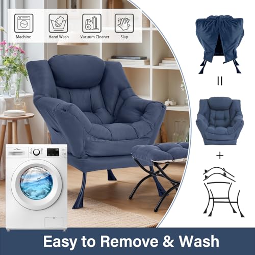 Lazy Chair with Ottoman, Soft Comfy Chair for Bedroom, Navy | Reading Accent Lounge Chair with folding Foot Stool for Living Room Dorm Apartment, sturdy metal frame - color: Navy