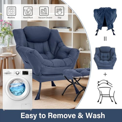 Lazy Chair with Ottoman, Soft Comfy Chair for Bedroom, Navy | Reading Accent Lounge Chair with folding Foot Stool for Living Room Dorm Apartment, sturdy metal frame - color: Navy