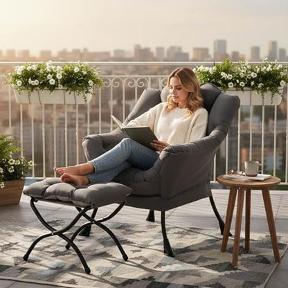 Lazy Chair with Ottoman, Comfy Reading Accent Chair, Dark Grey | Foldable Footrest, Padded Seat and Backrest, Side Pocket for Lounging in Living Rooms, Bedrooms, Dorms and Small Spaces - color: Dark Grey