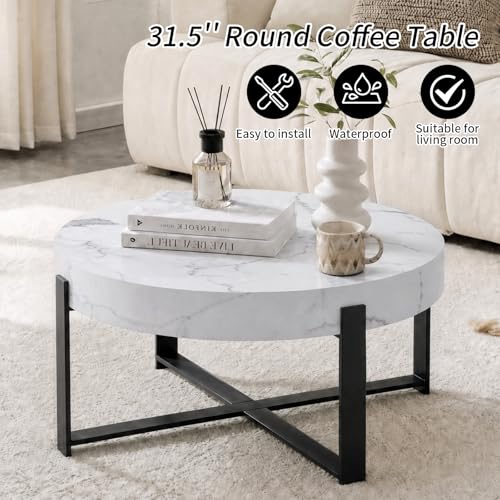 Round Coffee Table, Modern Faux Marble Coffee Table with Metal Frame, Small Wood Circle Table, Round Accent Center Tables for Living Room Apartment Small Space(31.5''D-White Marble) - color: X-white Marble