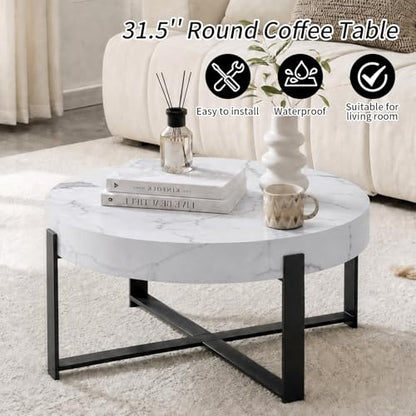 Round Coffee Table, Modern Faux Marble Coffee Table with Metal Frame, Small Wood Circle Table, Round Accent Center Tables for Living Room Apartment Small Space(31.5''D-White Marble) - color: X-white Marble