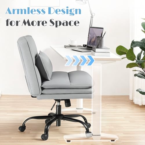 Furmax Criss Cross Legged Office Chair with Wheels, Armless Extra Wide Seat Swivel Desk Chair, Adjustable Height Comfy Task Chair with Thick Cushion for Home Office Bedroom Vanity (Fabric, Grey) - color: Grey
