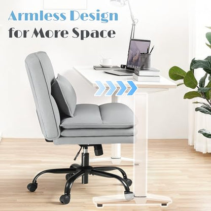 Furmax Criss Cross Legged Office Chair with Wheels, Armless Extra Wide Seat Swivel Desk Chair, Adjustable Height Comfy Task Chair with Thick Cushion for Home Office Bedroom Vanity (Fabric, Grey) - color: Grey