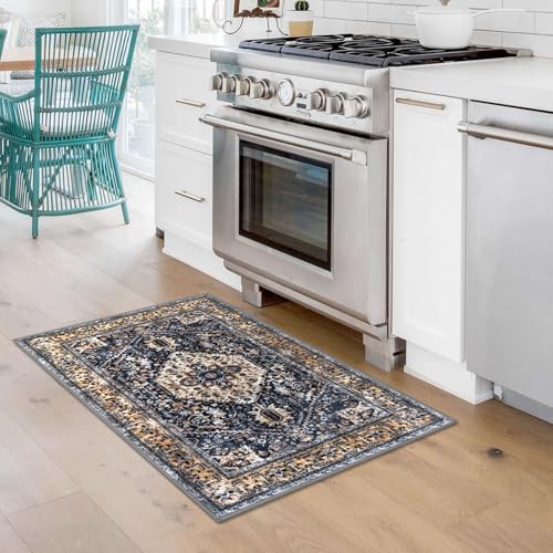 KOZYFLY Small Area Rug 2x3 Ft Rugs for Entryway Washable Boho Entry Rug Non Slip Door Mat Indoor Gold/Orange/Navy Printed Faux Wool Vintage Kitchen Rug Throw Rugs for Entrance - color: Gold/Orange/Navy, size: 2' x 3' (Rectangular)