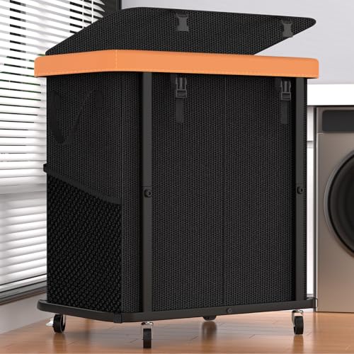 Laundry Basket with Wheels,190L Leather Patchwork Laundry Hamper 2 Setion | Sturdy Metal Frame, Removable Washable Bag, Tall Clothes Sorter for Bedroom - Black - color: Black, size: 2 Section-190L