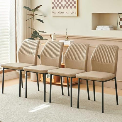 PU Leather Dining Chairs Set of 4, Mid-Century Modern Beige Leather Kitchen Chairs, Armless Dining Room Chairs with Black Metal Legs for Dining Room, Living Room - color: Beige, size: 4 chairs