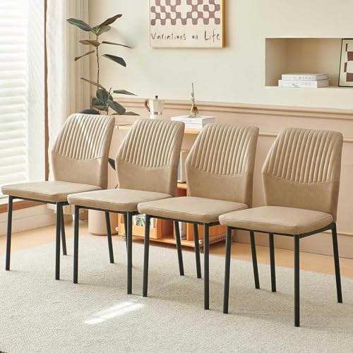 PU Leather Dining Chairs Set of 4, Mid-Century Modern Beige Leather Kitchen Chairs, Armless Dining Room Chairs with Black Metal Legs for Dining Room, Living Room - color: Beige, size: 4 chairs