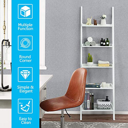 Tangkula 5-Tier Ladder Shelf, Wall-Leaning Bookshelf w/Open Shelves, Plant Flower Stand, Storage Display Organizer Rack, Multifunctional Bookcase for Living Room Home Office (White) - color: White