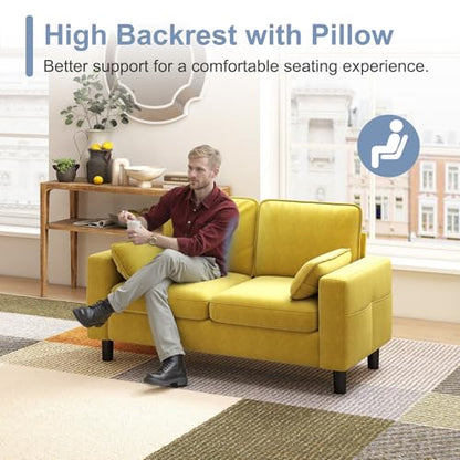KINTNESS 56” Modern Loveseat Sofa, 2-Seater Sofa Couch with Deep Seat & Armrest Pillow, Sectional Sofa Loveseat for Bedroom, Living Room, Removable Covers, Ergonomic Height, Non-Slip, Yellow - size: 2 seater