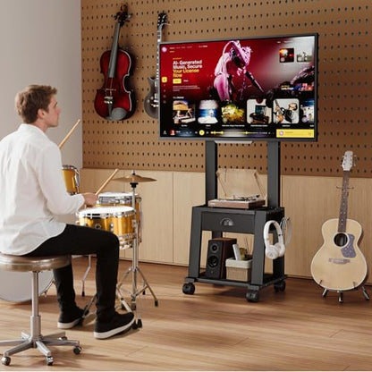 Rolling TV Stand with Storage for 23-60 Inch TVs up to 88 lbs, Height Adjustable Tilt Mobile TV Mount Cart with Drawer & 2 Shelves, Space-Saving Corner Design for Bedroom Living Room, VESA 400x400mm - size: 1 Drawers