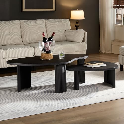 Modern Nesting Coffee Tables Set, 2-Piece Irregular Circle Wood Center Tables Unique End Side Table for Living Room Office, Fluted Legs Easy Assembly - Black - color: 49.41"&28.35-black