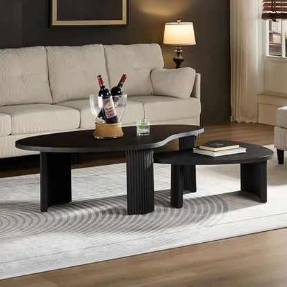 Modern Nesting Coffee Tables Set, 2-Piece Irregular Circle Wood Center Tables Unique End Side Table for Living Room Office, Fluted Legs Easy Assembly - Black - color: 49.41"&28.35-black