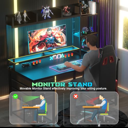 Aheaplus LED Gaming Desk with Hutch, 47.2'' Computer Workstation, Black - color: Black, size: 47.2''