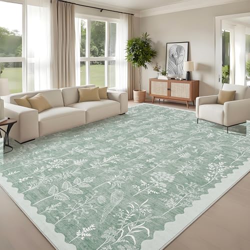 GarveeHome Washable 8x10 Area Rugs for Living Room Scalloped Floral Bedroom Rug, Non-Slip Stain Resistant Dining Table Carpet, Botanical Large Rug Neutral Carpet for Farmhouse Dorm Home Office, Green