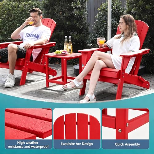 Hdpe Outdoor Adirondack Side Table, Wooden Textured, Red | Bathroom and Indoor, Maintenance & Weather Resistant, End TableSet for Patio, Garden, Backyard, 18.6×14.17×18.18 in - color: Red