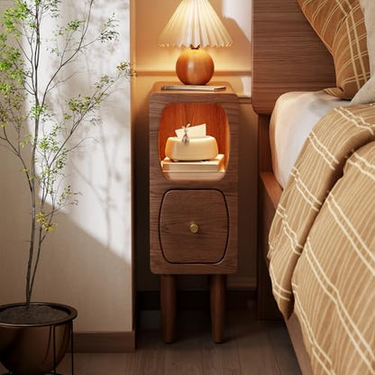 Slim Nightstand with Drawer, Modern Walnut Bedside Table for Small Spaces | Slim Nightstand with Drawer and Open Storage, Modern Walnut Wood Design for Bedrooms Apartments and Small Spaces