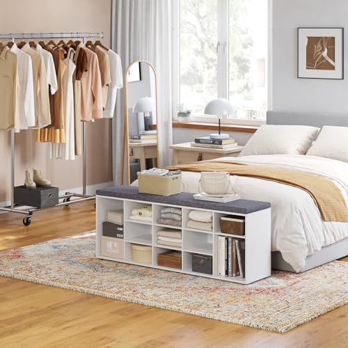 Shoe Storage Bench with Cushion, 15-Cubby Shoe Rack with Seat | 50.8"L Entryway Shoe Organizer Bench, Adjustable Shelves for Boots, Removable Washable Cushion, Closet/Hallway/Bedroom, White - color: White, size: 15 Cubby