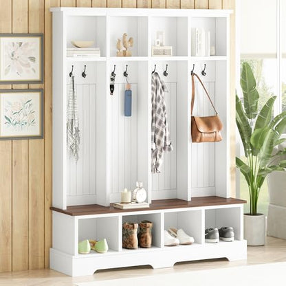 Merax Farmhouse Hall Tree with Bench and Shoe Storage, 59" Entryway Bench with Coat Rack, 8 Hooks and Top Compartments, 3-in-1 Entryway Hall Tree for Hallway, Living Room, White - color: White