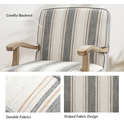 HULALA HOME Farmhouse Striped Accent Chair with Solid Wood Legs, Dark Grey | Comfy Upholstered Patterned Armchair with Curved Armrests, Removable Cushion, for Living Room Bedroom Reading - color: Dark Grey