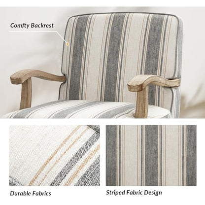 HULALA HOME Farmhouse Striped Accent Chair with Solid Wood Legs, Dark Grey | Comfy Upholstered Patterned Armchair with Curved Armrests, Removable Cushion, for Living Room Bedroom Reading - color: Dark Grey