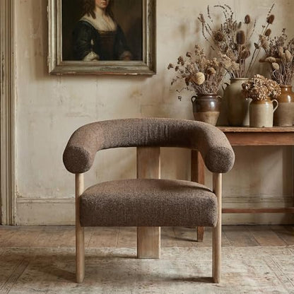 VKNOW Barrel Accent Chair, Vanity Chair with Armrests and Rubberwood Legs | Mid Century Modern Upholstered Living Room Chairs with Open Back, Chenille Fabric, arm chair for Living Room, Bedroom, Brown - color: Brown, size: Set of 1