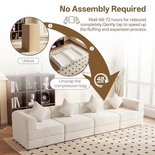 112" L Shaped Modular Sectional Sofa with Ottoman, Cloud Boneless Couch Deep Seat with 4 Pillows, Oversized Folding Sofa Bed Couches for Living Room Bedroom,No Assembly-White - color: Cream, size: 4 Seat