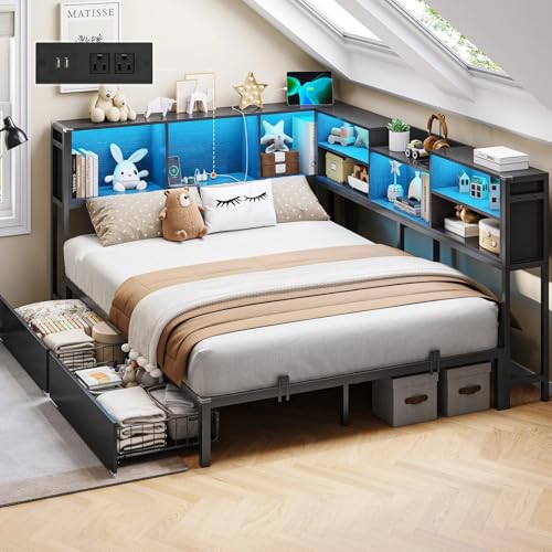 DICTAC Full Corner Bed Frame with Storage Bookcase and Led Lights Metal Platform Corner Bed Frame with 2 Drawers and Charging Station Modern Full Size Daybed with Storage for Kids/Teen/Adult,Black - color: Black, size: Full
